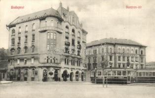 1910 Budapest IX. Boráros tér, a megszűnt villamos vonal villamosokkal. Fleischman tőzsde kiadása