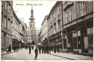 Pozsony, Pressburg, Bratislava; Mihály kapu utca, Wimmer üzlete / street view, shops (EK)