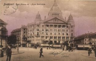 1912 Budapest V. Deák Ferenc tér, Anker palota, villamosok, Angelusz Manó és Bretschneider Zsigmond fia üzlete, gyógyszertár, Smith Premier