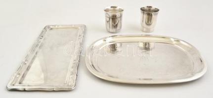 Ezüstözött alpakka tálca és pohár, 2+2 db, jelzett, m: 7,5 cm, 34x15 és 30x23 cm