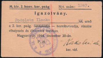 1944 Magyaróvár, a 2. honvéd kerületi parancsnokság igazolása hozzátartozó részére, nyilas bélyegzővel