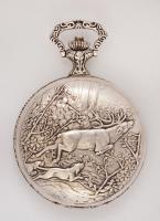 Ezüst(Ag) Besson zsebóra vadászjelenettel, másodpercmutatóval, jelzett, d: 5 cm, bruttó: 85 g