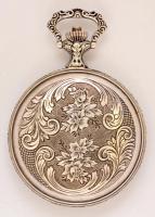 Ezüst(Ag) Besson zsebóra vadászjelenettel, másodpercmutatóval, jelzett, d: 5 cm, bruttó: 85 g