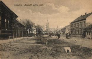 Bácstopolya, Topolya, Backa Topola; Kossuth Lajos utca, templom. Winterstein Pál kiadása / street view, church