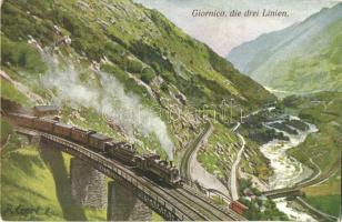 Giornico, Gotthardbahn, die drei Linien. Wanderer-Serie No. 7/9. / Ferrovia del Gottardo / Gotthard railway viaduct, locomotive (EK)