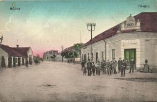 Adony, Fő utca, üzletek, 1900-ban épült ház előtti tömeg, kerékpáros. Wessely Testvérek kiadása (EK)