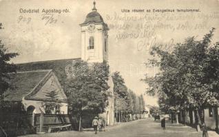 1929 Apostag, utcakép az evangélikus templommal. Bencze Sándor kiadása (EK)
