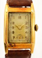 Arany(Au) 14K női karóra, bőr szíjjal, jelzett, működik, 2x3 cm, bruttó(szíjjal): 26 g