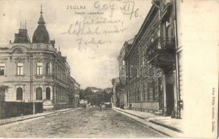 Zsolna, Sillein, Zilina; Kossuth Lajos utca, Ripper Mór és fiai üzlete. Lövy Fülöp kiadása / street view, shops (EK)