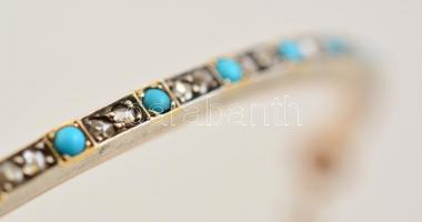 Ezüst(Ag) és arany(Au) 14K részekből álló női karkötő, türkiz és apró gyémánt kövekkel díszítve, jel...