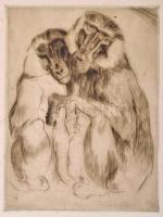 Spitzer Manó (1844 - 1919): Majomszerelem, art deco. Rézkarc, papír, jelzés nélkül, a kartonon kis foltokkal, 20x15 cm.