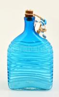 Fújt, anyagában színezett kék pálinkás üveg, száldíszítéssel, hibátlan, m: 20 cm