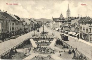 Kassa, Kosice; Fő utca, villamos, lóvasút, üzletek. Nyulászi Béla kiadása / main street, tram, horse-drawn tram, shops