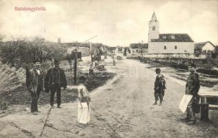 1909 Balatongyörök, utcakép gémeskúttal és templommal, Mérei Ignác kiadása 348. (EK)