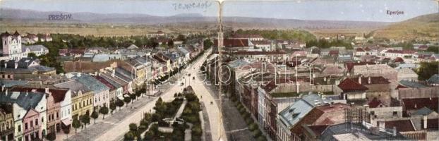 Eperjes, Presov; Fő utca. K. Székely kiadása, kihajtható panorámalap / main street, foldable panoramacard (hajtásnál szakadt / bent till broken)