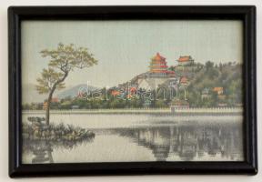 Távol keleti selyem kép, üvegezett keretben,11×18 cm