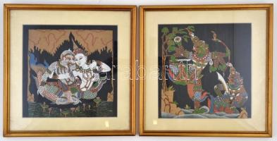 Távol keleti festett textil képek ( 6 db), üvegezett keretben ( egyben nincs üveg), 26×27 cm (6×)