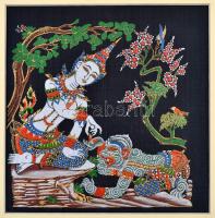 Távol keleti festett textil képek ( 6 db), üvegezett keretben ( egyben nincs üveg), 26×27 cm (6×)