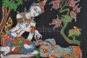 Távol keleti festett textil képek ( 6 db), üvegezett keretben ( egyben nincs üveg), 26×27 cm (6×)