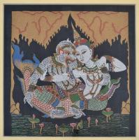 Távol keleti festett textil képek ( 6 db), üvegezett keretben ( egyben nincs üveg), 26×27 cm (6×)