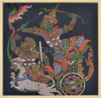 Távol keleti festett textil képek ( 6 db), üvegezett keretben ( egyben nincs üveg), 26×27 cm (6×)