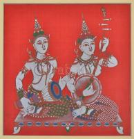 Távol keleti festett textil képek ( 6 db), üvegezett keretben ( egyben nincs üveg), 26×27 cm (6×)