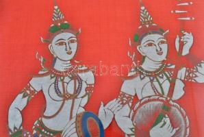 Távol keleti festett textil képek ( 6 db), üvegezett keretben ( egyben nincs üveg), 26×27 cm (6×)