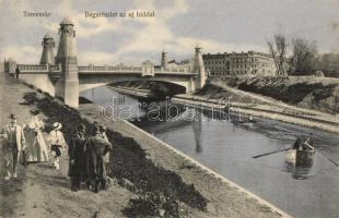1912 Temesvár, Timisoara; Béga folyó részlete, Új híd, csónak. montázs / riverside, new bridge, rowing boat. montage (kis szakadás / small tear)