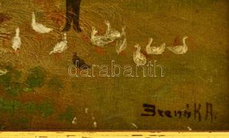 Brenók jelzéssel: Falusi udvar, olaj, fa, keretben, 15,5×22 cm