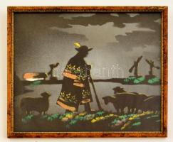Jelzés nélkül: Juhász a nyájjal, festett selyemkép, üvegezett fa keretben, 19,5×23 cm
