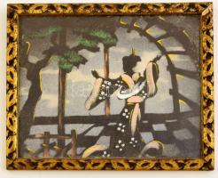 Jelzés nélkül: Gésa az éjszakában, festett selyemkép, üvegezett fa keretben, 19×23 cm