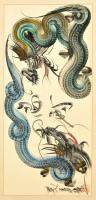 Olvashatatlan kínai jelzéssel: Sárkányok. Akvarell, karton, karcos, 36×78 cm