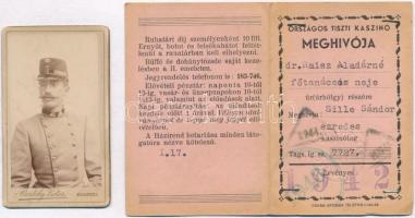 1942 Országos Tiszti Kaszinó meghívója hölgy részére, fényképes igazolvány + osztrák-magyar katonatiszt keményátú fotója, 8x4,5 cm
