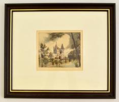 Bajor Ágost (1892-1958): Vajdahunyad vára. Színezett rézkarc, papír, jelzett, üvegezett keretben, 12,5×15 cm