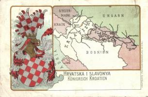 Hrvatska i Slavonya / Königreich Kroatien / Croatia and Slovenia map, coat of arms. Deutschs Postkartenverlag, Wien I. litho (r)