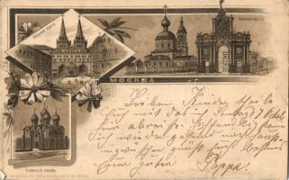 1898 Moscow, Moskau, Moscou; Iberian Gate and Chapel, Red Gate, Uspensky Cathedral (Dormition Cathedral, Coronation church). Art Nouveau, floral, litho (Rb)
