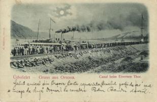 1899 Orsova, Canal beim Eisernen Thor / Hajózási csatorna a Vaskapunál, gőzhajó, tömeg. Hutterer G. kiadása / canal by Portile de Fier, ship station, steamship, crowd (EK)