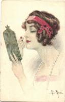 Lady putting on lipstick. Italian art postcard, artist signed (fa)