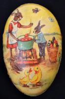 cca 1930 Húsvéti nyúl figura 14 cm és tojások 11 cm. Papírból és egyik selyem borítással / 1930 Toy ...