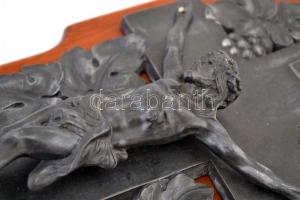cca 1910 Szecessziós ón feszület fa alapon. / Art nouveau tin crucifix on wood base 40x18 cm