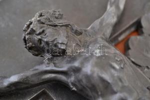 cca 1910 Szecessziós ón feszület fa alapon. / Art nouveau tin crucifix on wood base 40x18 cm