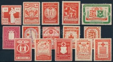 1944 15 különféle Vöröskereszt városi szervezetek segélybélyeg / 15 different cities Red Cross aid stamps