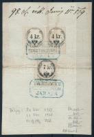 1869 2x4kr + 7kr okmánybélyeg igazolólapon / Document stamps on id
