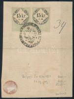 1869 2x15kr CM okmánybélyeg igazolólapon / Document stamps on id