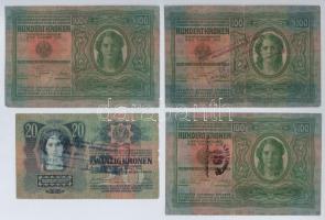 1912. 100K (3x) + 1913. 20K kiolvashatatlan felülbélyegzésekkel T:III,III-