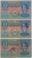1913. 20K (3x) kiolvashatatlan felülbélyegzésekkel, egyiken cirill betűs bélyeggel és bélyegzéssel, kettő szép papírral T:III,III-