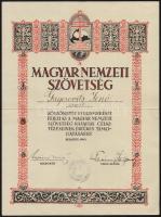 1940 A Magyar Nemzeti Szövetség elismerő oklevele.