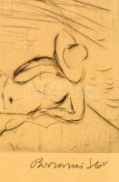 Borsos Miklós (1906-1990): Női akt háttal. Rézkarc, papír, jelzett, üvegezett keretben, 25x15 cm