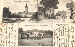 1904 Szécsény, Nagyszécsény (Nógrád); Római katolikus templom, gyógyszertár, Weisz-féle szálloda és sörkert