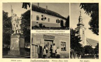 1939 Szalkszentmárton, Református templom, Hősök szobra, Nagyvendéglő a Petőfi emléktáblával, Katona János üzlete és saját kiadása